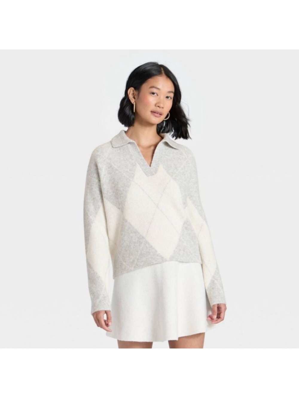 Women's Cream & Light Gray Argyle Collared Sweater
